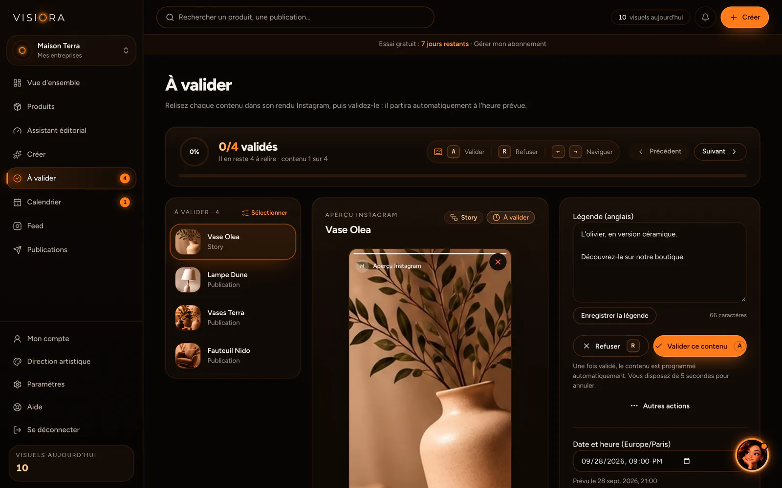 Page « À valider » de Visiora