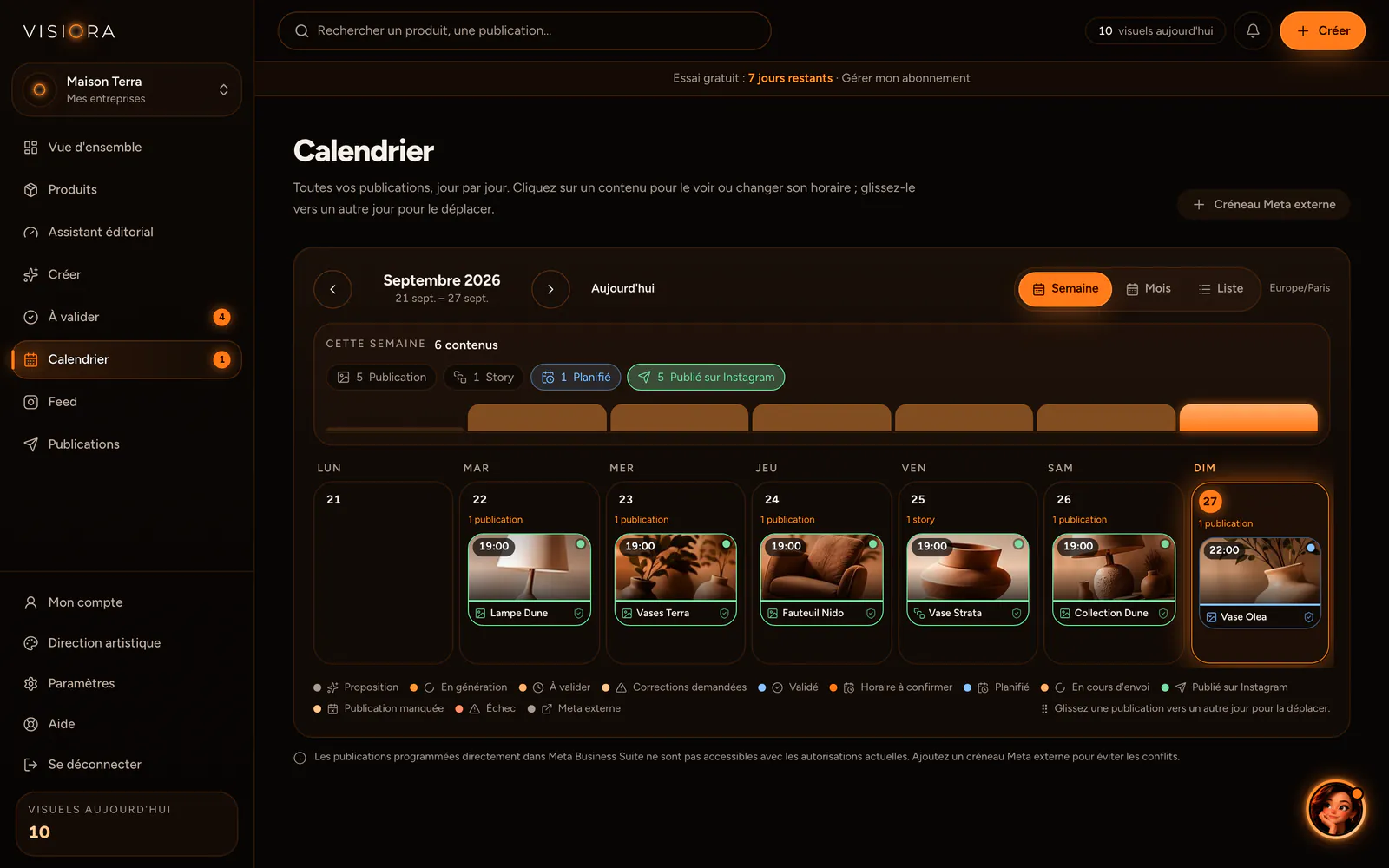 Calendrier de la semaine dans Visiora